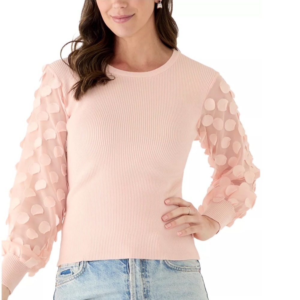 Cable & Gauge Soho Blush Ribbed Sweater 3D Petal Mesh Balloon Sleeve NWT L